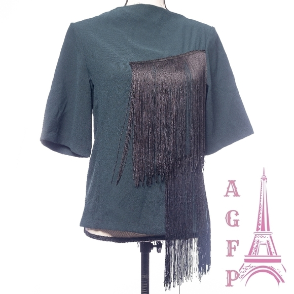 💖 2/$30 NWT Zara boho Fringe boxy dark green blouse top art to wear size XS - Picture 5 of 15
